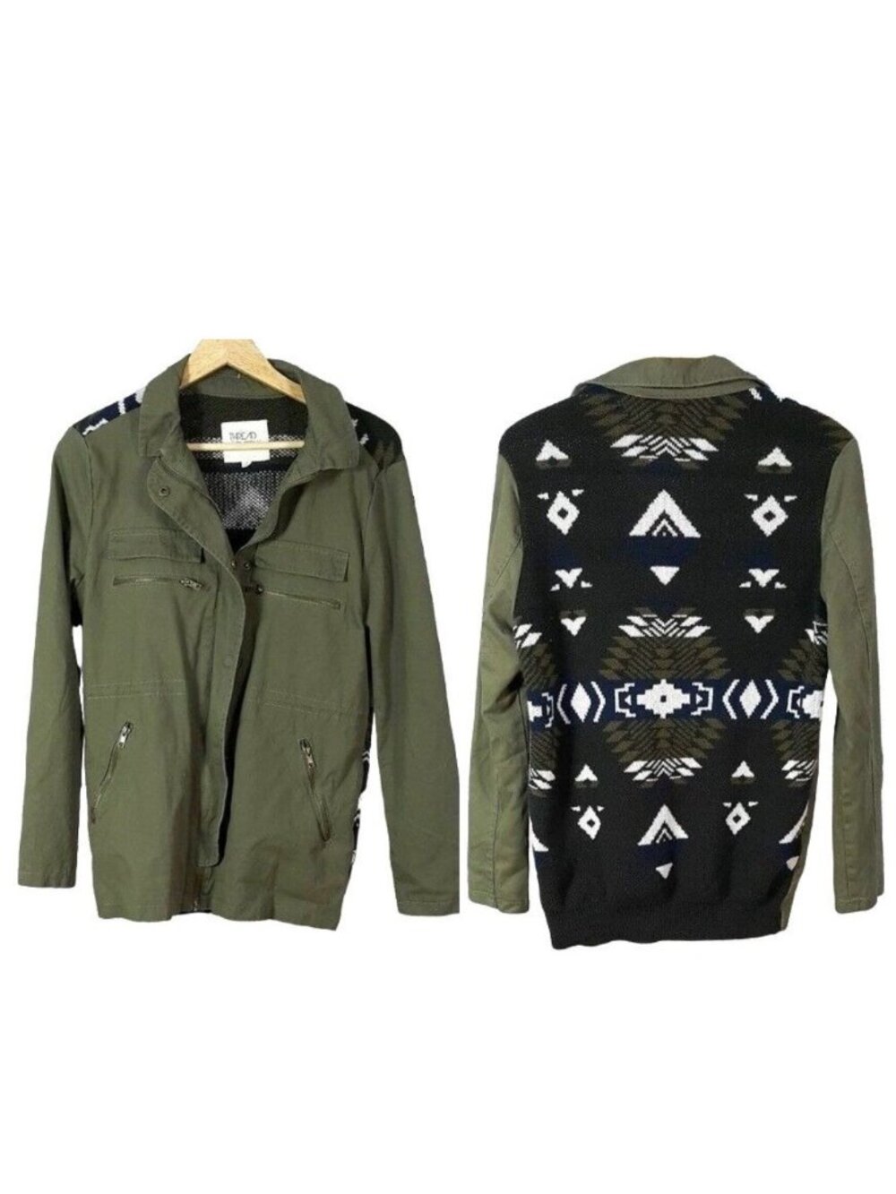 Thread & Supply Women Utility Jacket Green Medium Zip Pocket Snap Boho Knit Back